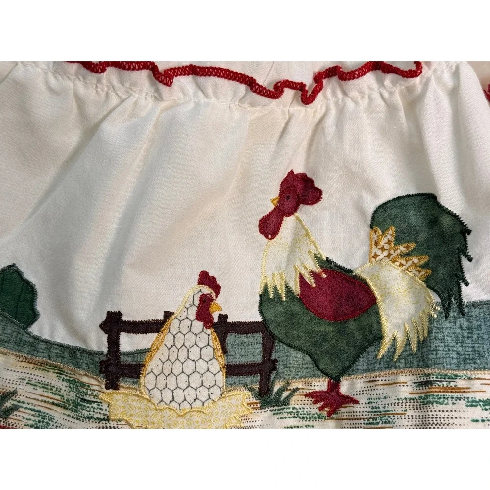 Embroidered Hen and Rooster Window Valance 60x14 Cream Cottagecore Farmhouse